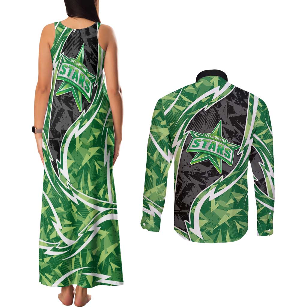 Melbourne Stars Couples Matching Tank Maxi Dress and Long Sleeve Button Shirt Flaming Lightning Storm Geometric Sports Mascot Art