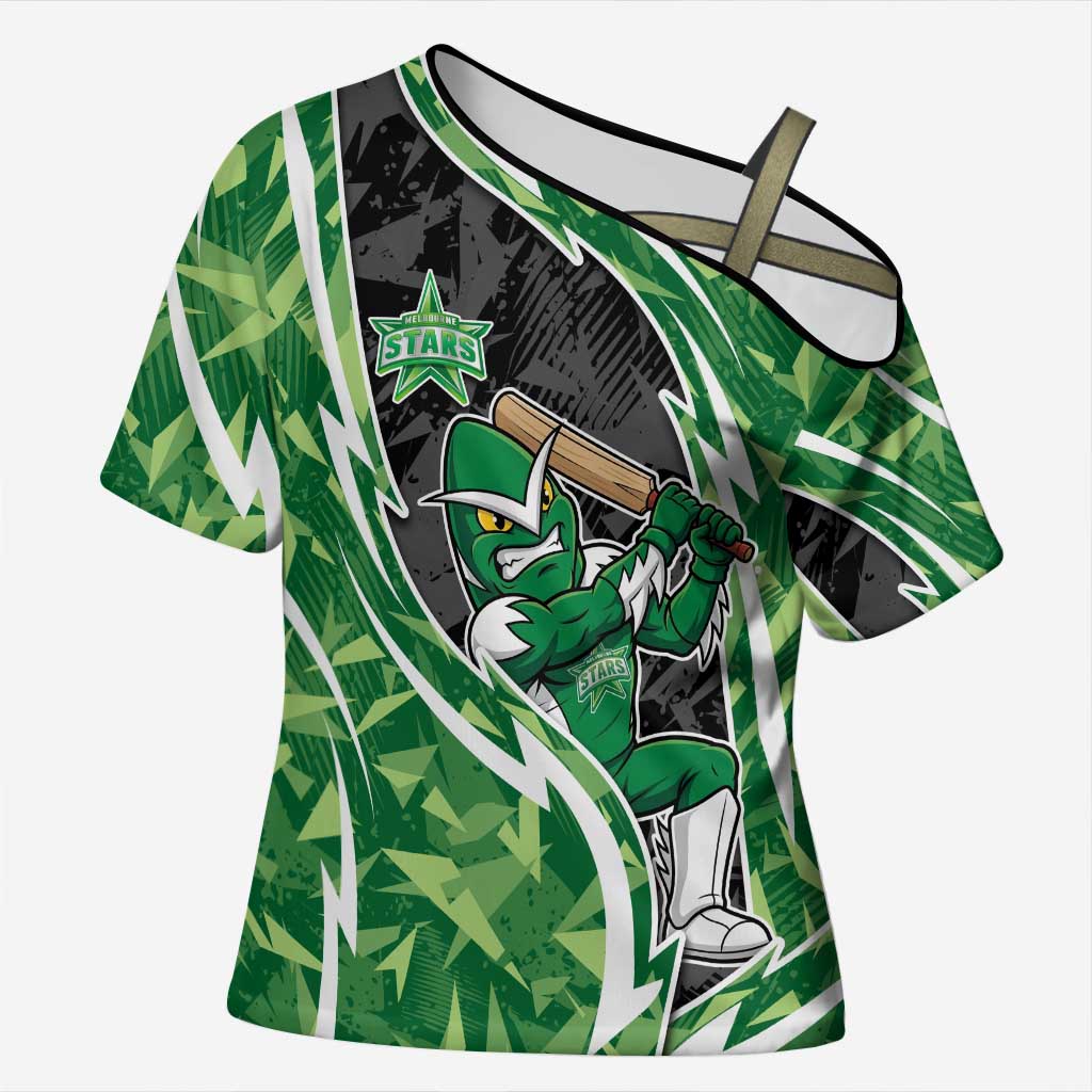 Melbourne Stars Cross Shoulder Shirt Flaming Lightning Storm Geometric Sports Mascot Art