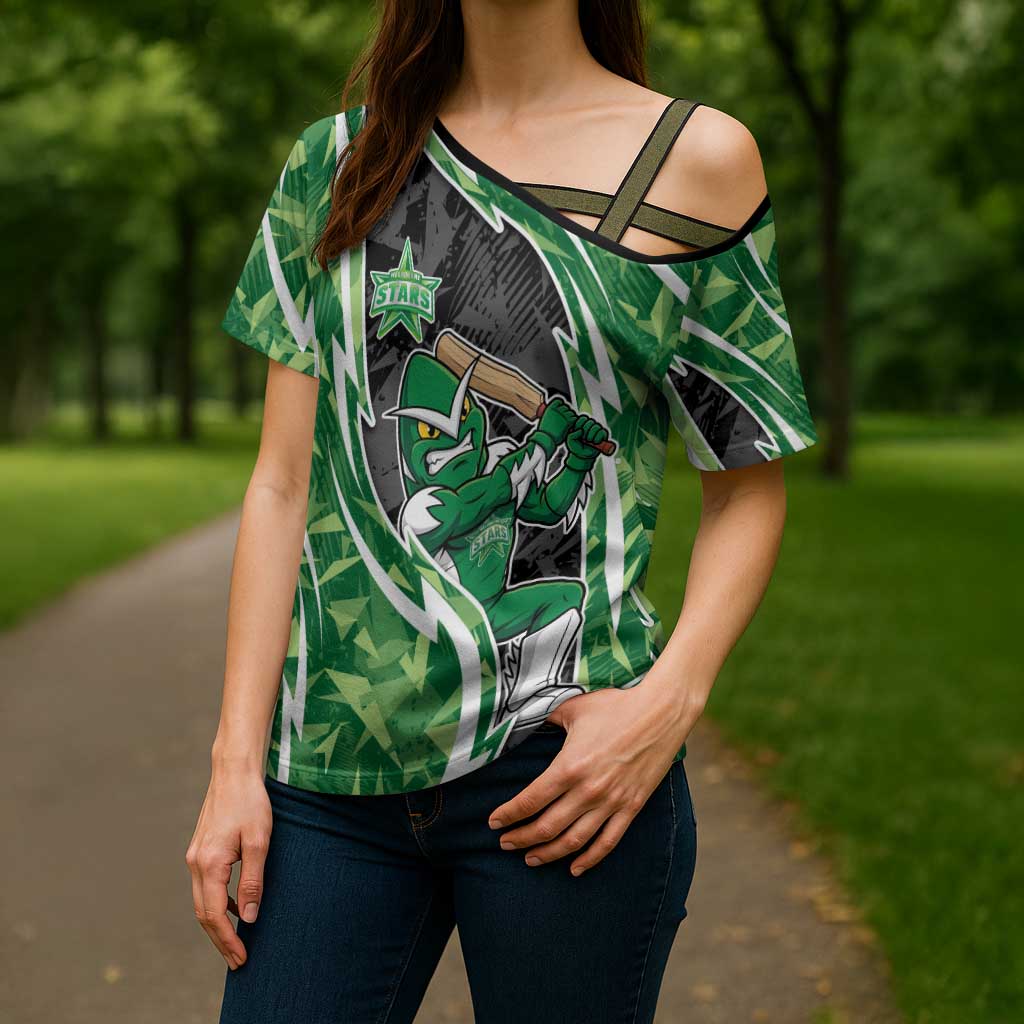 Melbourne Stars Cross Shoulder Shirt Flaming Lightning Storm Geometric Sports Mascot Art