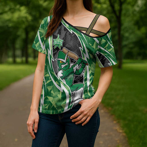 Melbourne Stars Cross Shoulder Shirt Flaming Lightning Storm Geometric Sports Mascot Art