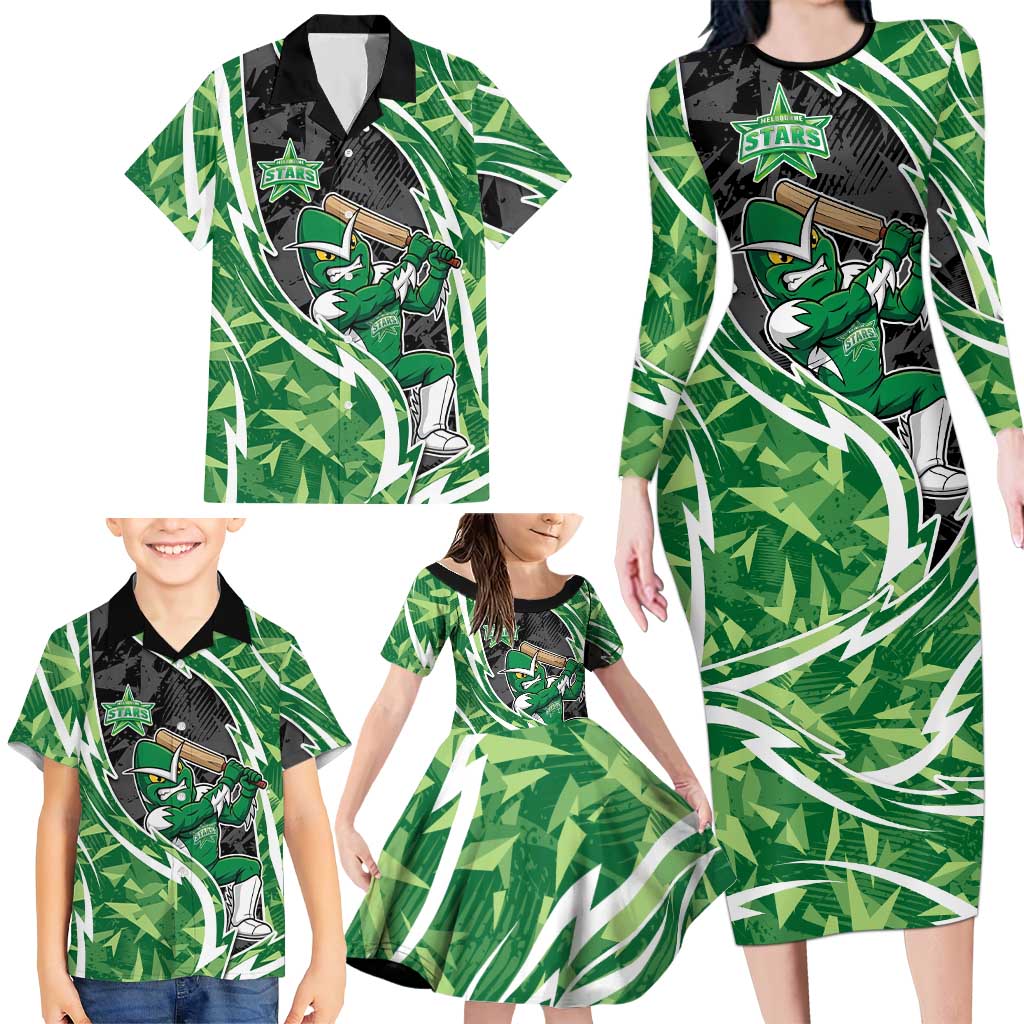 Melbourne Stars Family Matching Long Sleeve Bodycon Dress and Hawaiian Shirt Flaming Lightning Storm Geometric Sports Mascot Art