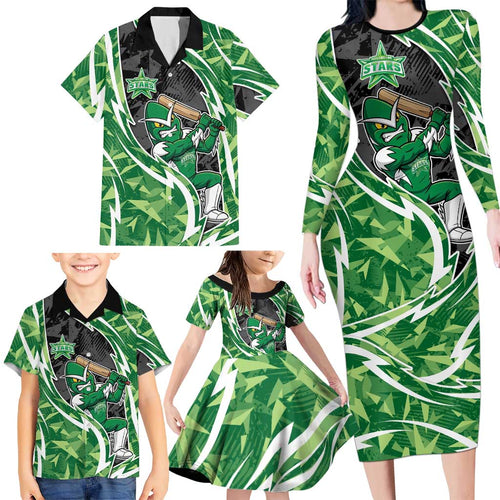 Melbourne Stars Family Matching Long Sleeve Bodycon Dress and Hawaiian Shirt Flaming Lightning Storm Geometric Sports Mascot Art