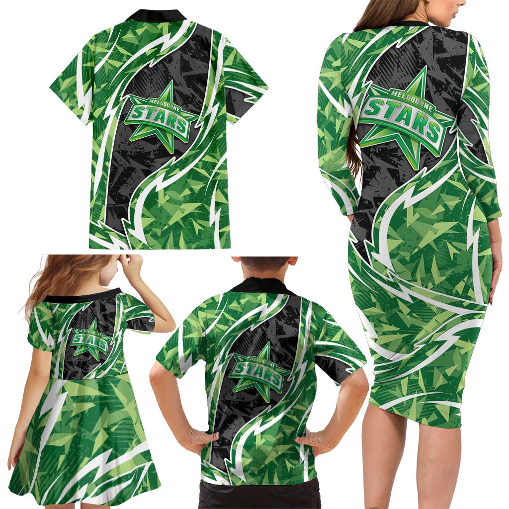 Melbourne Stars Family Matching Long Sleeve Bodycon Dress and Hawaiian Shirt Flaming Lightning Storm Geometric Sports Mascot Art
