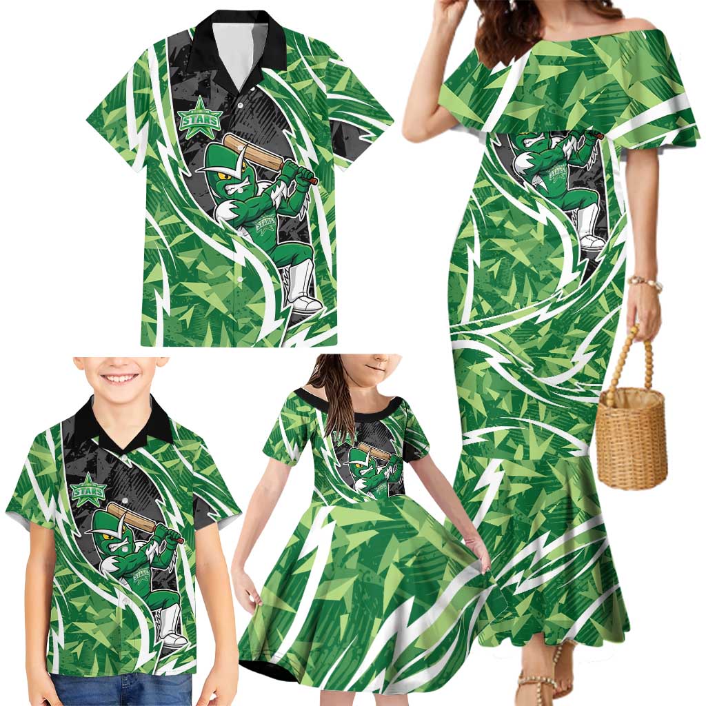 Melbourne Stars Family Matching Mermaid Dress and Hawaiian Shirt Flaming Lightning Storm Geometric Sports Mascot Art