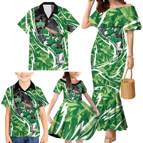 Melbourne Stars Family Matching Mermaid Dress and Hawaiian Shirt Flaming Lightning Storm Geometric Sports Mascot Art