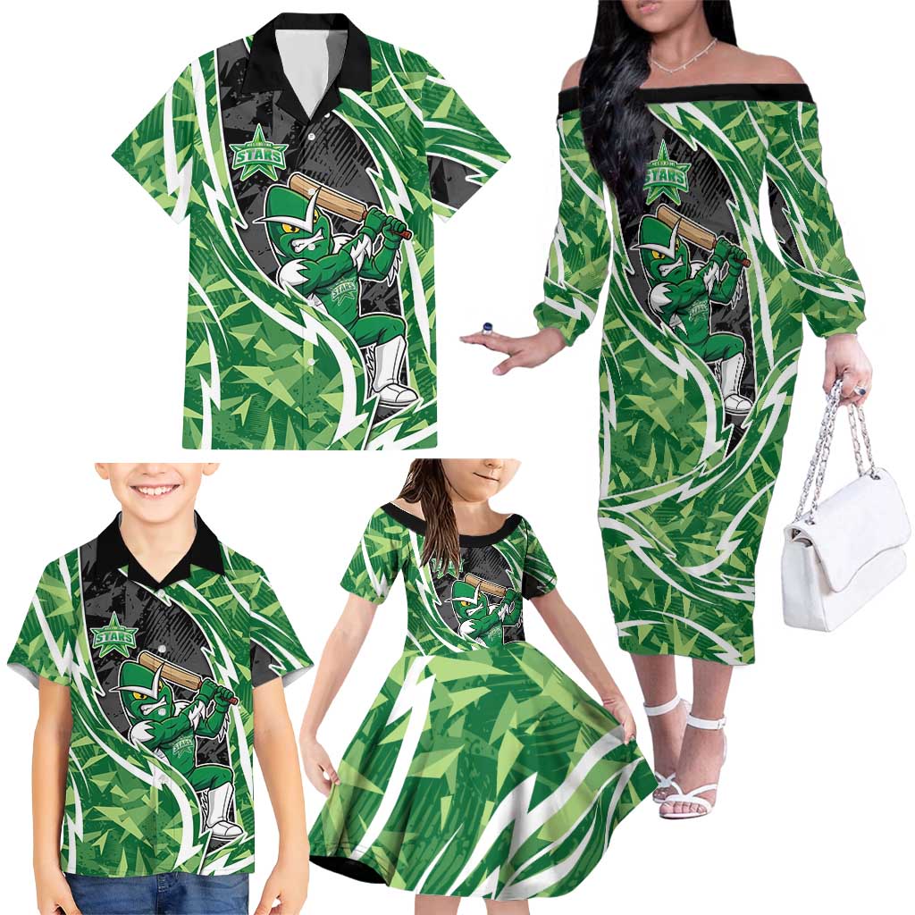 Melbourne Stars Family Matching Off The Shoulder Long Sleeve Dress and Hawaiian Shirt Flaming Lightning Storm Geometric Sports Mascot Art
