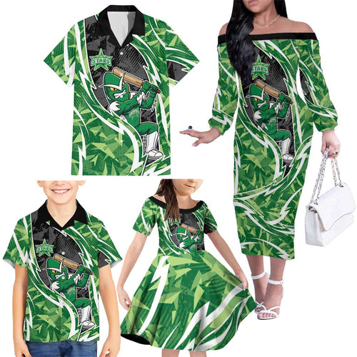 Melbourne Stars Family Matching Off The Shoulder Long Sleeve Dress and Hawaiian Shirt Flaming Lightning Storm Geometric Sports Mascot Art