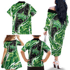Melbourne Stars Family Matching Off The Shoulder Long Sleeve Dress and Hawaiian Shirt Flaming Lightning Storm Geometric Sports Mascot Art