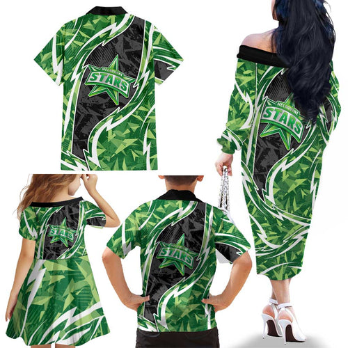 Melbourne Stars Family Matching Off The Shoulder Long Sleeve Dress and Hawaiian Shirt Flaming Lightning Storm Geometric Sports Mascot Art