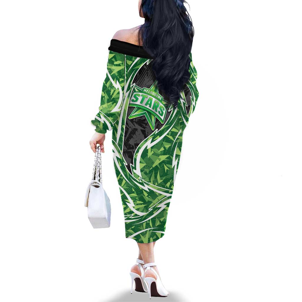 Melbourne Stars Family Matching Off The Shoulder Long Sleeve Dress and Hawaiian Shirt Flaming Lightning Storm Geometric Sports Mascot Art