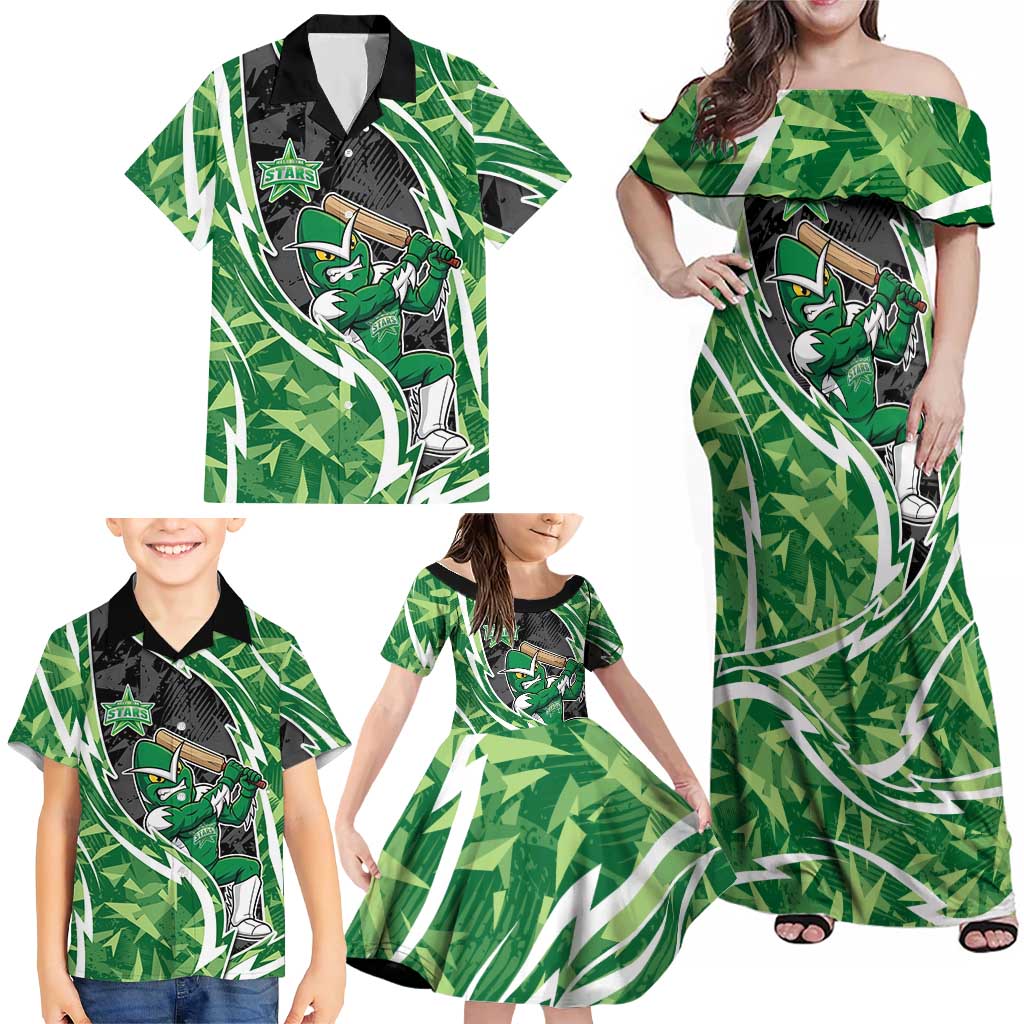 Melbourne Stars Family Matching Off Shoulder Maxi Dress and Hawaiian Shirt Flaming Lightning Storm Geometric Sports Mascot Art