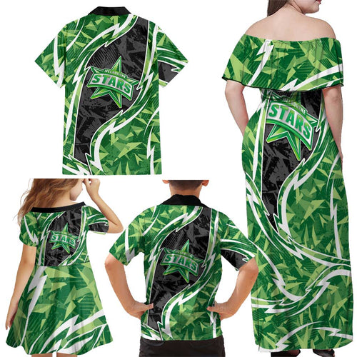 Melbourne Stars Family Matching Off Shoulder Maxi Dress and Hawaiian Shirt Flaming Lightning Storm Geometric Sports Mascot Art