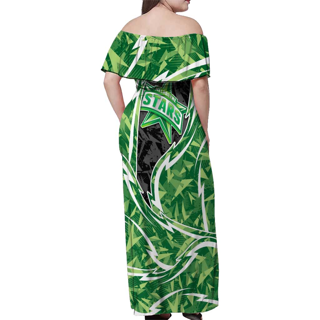 Melbourne Stars Family Matching Off Shoulder Maxi Dress and Hawaiian Shirt Flaming Lightning Storm Geometric Sports Mascot Art