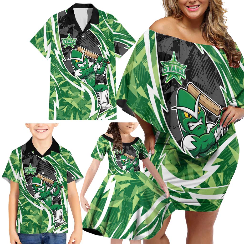 Melbourne Stars Family Matching Off Shoulder Short Dress and Hawaiian Shirt Flaming Lightning Storm Geometric Sports Mascot Art