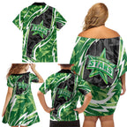 Melbourne Stars Family Matching Off Shoulder Short Dress and Hawaiian Shirt Flaming Lightning Storm Geometric Sports Mascot Art