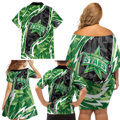 Melbourne Stars Family Matching Off Shoulder Short Dress and Hawaiian Shirt Flaming Lightning Storm Geometric Sports Mascot Art