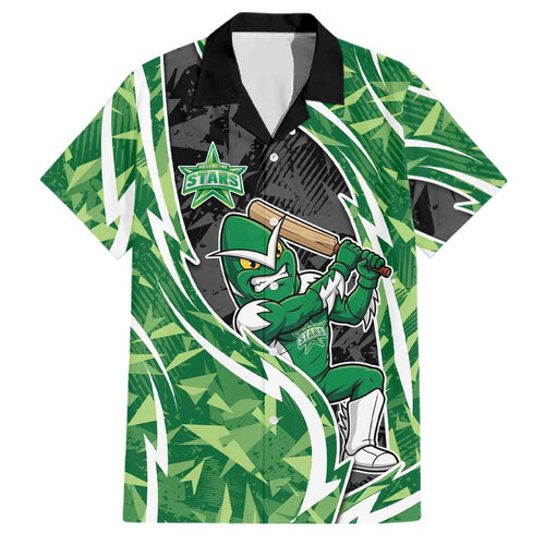 Melbourne Stars Family Matching Off Shoulder Short Dress and Hawaiian Shirt Flaming Lightning Storm Geometric Sports Mascot Art
