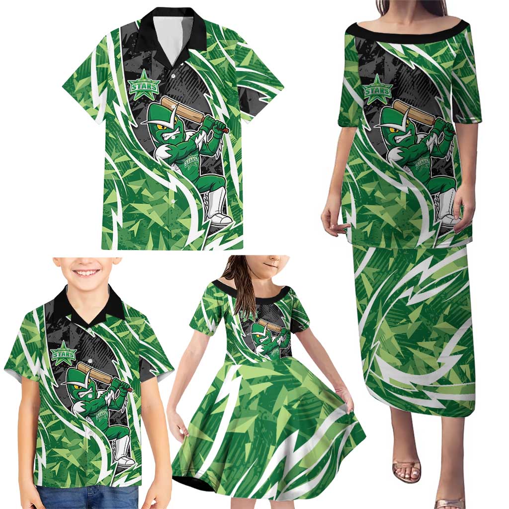 Melbourne Stars Family Matching Puletasi and Hawaiian Shirt Flaming Lightning Storm Geometric Sports Mascot Art