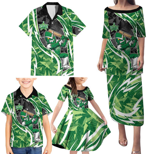 Melbourne Stars Family Matching Puletasi and Hawaiian Shirt Flaming Lightning Storm Geometric Sports Mascot Art