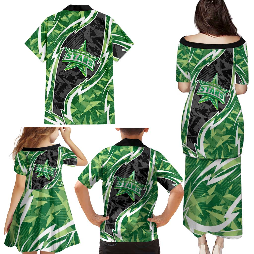 Melbourne Stars Family Matching Puletasi and Hawaiian Shirt Flaming Lightning Storm Geometric Sports Mascot Art