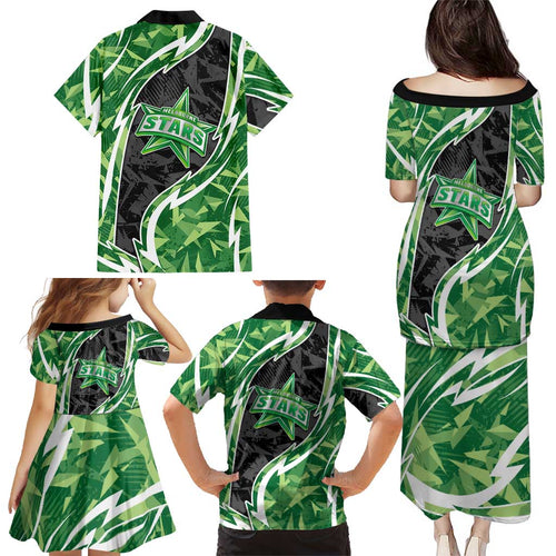 Melbourne Stars Family Matching Puletasi and Hawaiian Shirt Flaming Lightning Storm Geometric Sports Mascot Art