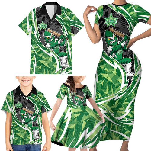 Melbourne Stars Family Matching Short Sleeve Bodycon Dress and Hawaiian Shirt Flaming Lightning Storm Geometric Sports Mascot Art