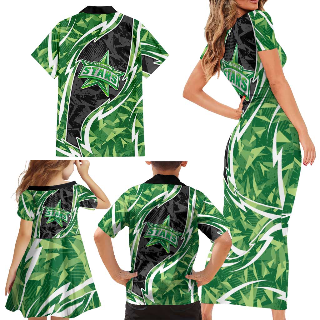 Melbourne Stars Family Matching Short Sleeve Bodycon Dress and Hawaiian Shirt Flaming Lightning Storm Geometric Sports Mascot Art