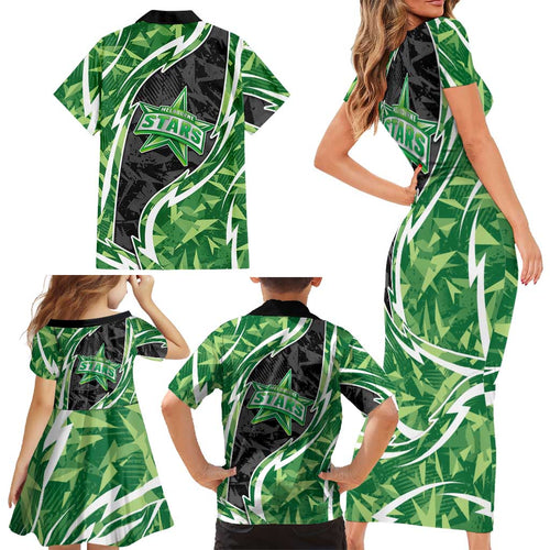 Melbourne Stars Family Matching Short Sleeve Bodycon Dress and Hawaiian Shirt Flaming Lightning Storm Geometric Sports Mascot Art