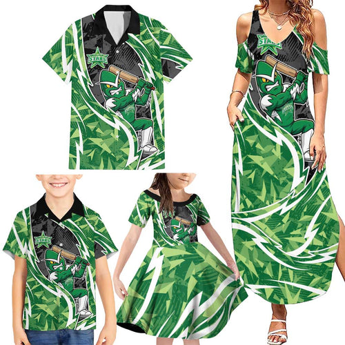 Melbourne Stars Family Matching Summer Maxi Dress and Hawaiian Shirt Flaming Lightning Storm Geometric Sports Mascot Art