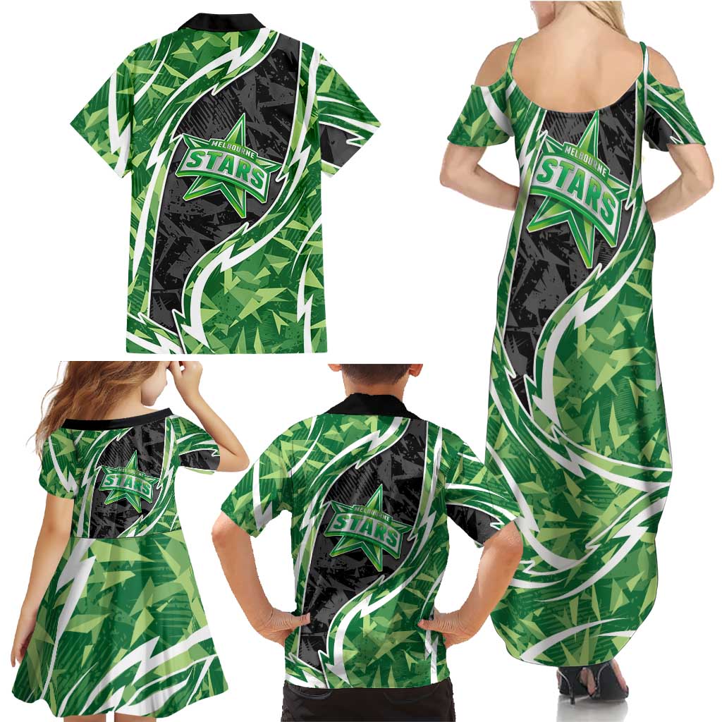 Melbourne Stars Family Matching Summer Maxi Dress and Hawaiian Shirt Flaming Lightning Storm Geometric Sports Mascot Art