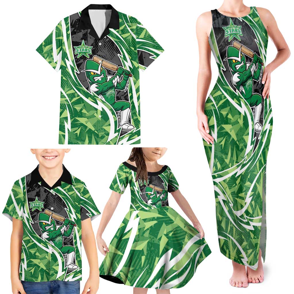 Melbourne Stars Family Matching Tank Maxi Dress and Hawaiian Shirt Flaming Lightning Storm Geometric Sports Mascot Art