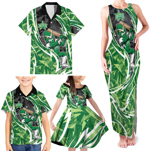 Melbourne Stars Family Matching Tank Maxi Dress and Hawaiian Shirt Flaming Lightning Storm Geometric Sports Mascot Art
