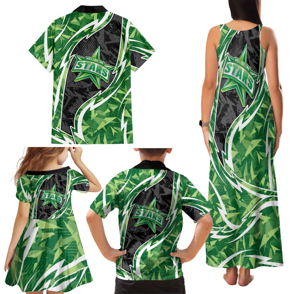 Melbourne Stars Family Matching Tank Maxi Dress and Hawaiian Shirt Flaming Lightning Storm Geometric Sports Mascot Art