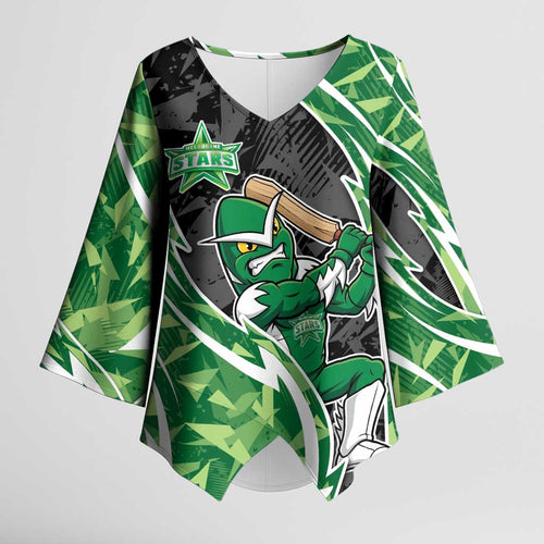 Melbourne Stars Kimono Sleeve Blouse Flaming Lightning Storm Geometric Sports Mascot Art