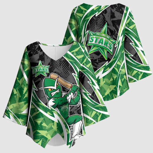 Melbourne Stars Kimono Sleeve Blouse Flaming Lightning Storm Geometric Sports Mascot Art