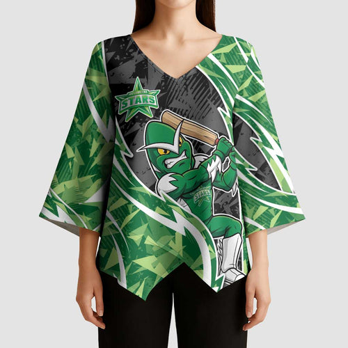 Melbourne Stars Kimono Sleeve Blouse Flaming Lightning Storm Geometric Sports Mascot Art