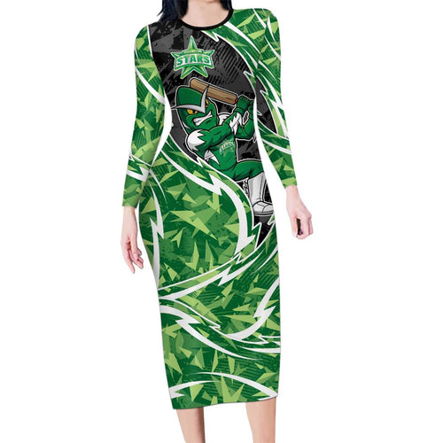 Melbourne Stars Long Sleeve Bodycon Dress Flaming Lightning Storm Geometric Sports Mascot Art
