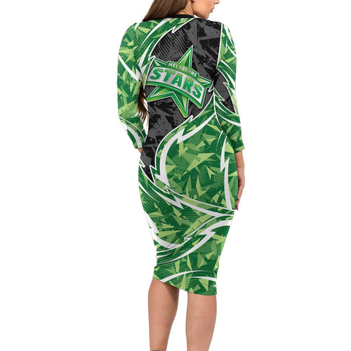 Melbourne Stars Long Sleeve Bodycon Dress Flaming Lightning Storm Geometric Sports Mascot Art