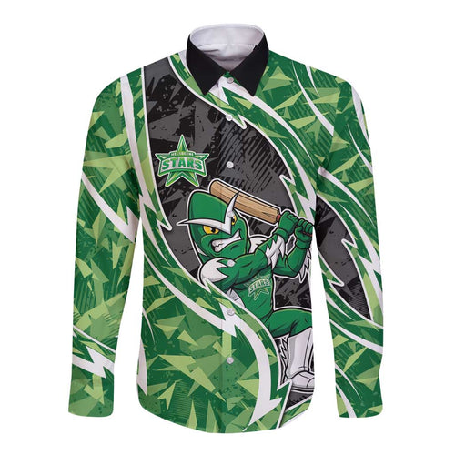 Melbourne Stars Long Sleeve Button Shirt Flaming Lightning Storm Geometric Sports Mascot Art
