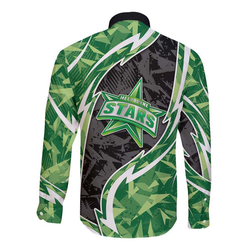 Melbourne Stars Long Sleeve Button Shirt Flaming Lightning Storm Geometric Sports Mascot Art