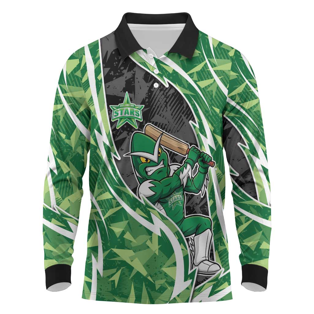 Melbourne Stars Long Sleeve Polo Shirt Flaming Lightning Storm Geometric Sports Mascot Art