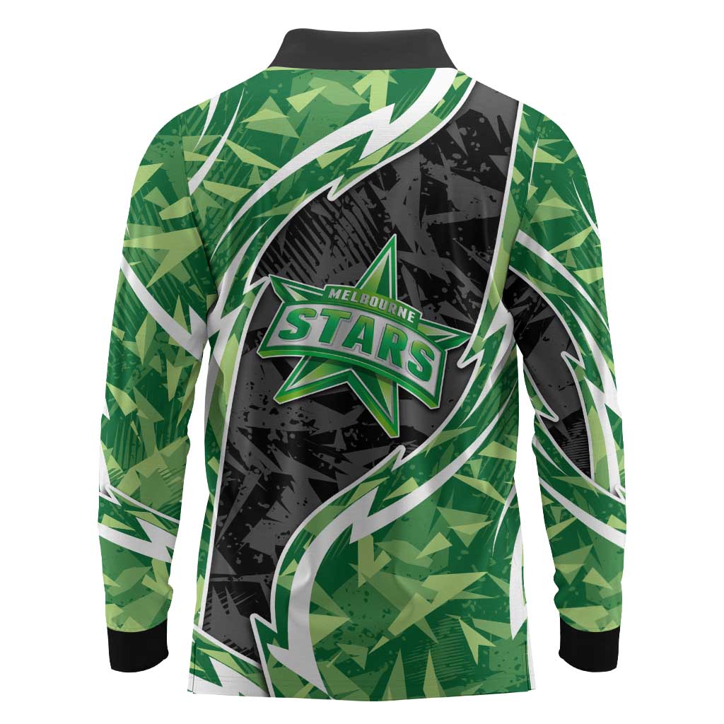 Melbourne Stars Long Sleeve Polo Shirt Flaming Lightning Storm Geometric Sports Mascot Art