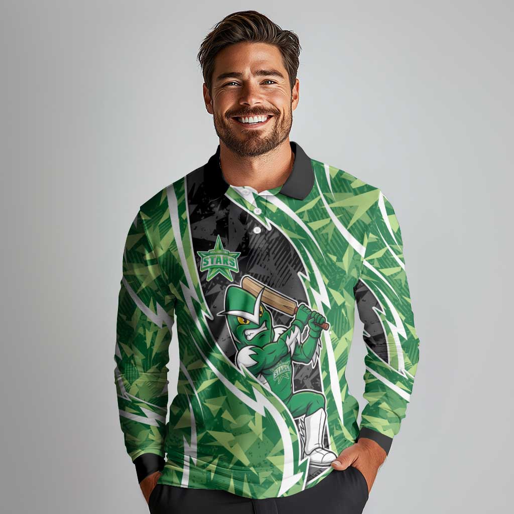 Melbourne Stars Long Sleeve Polo Shirt Flaming Lightning Storm Geometric Sports Mascot Art