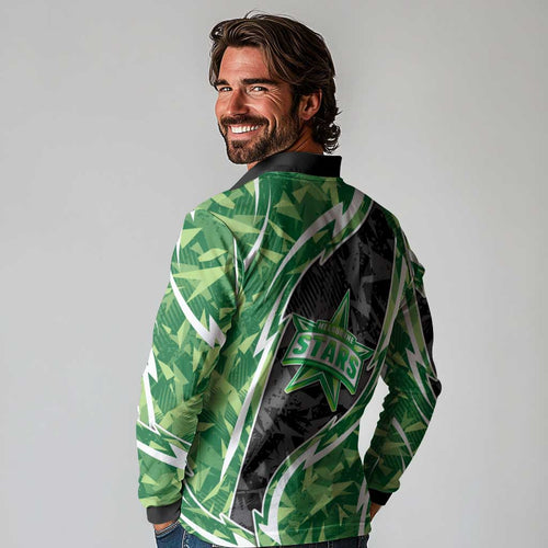 Melbourne Stars Long Sleeve Polo Shirt Flaming Lightning Storm Geometric Sports Mascot Art