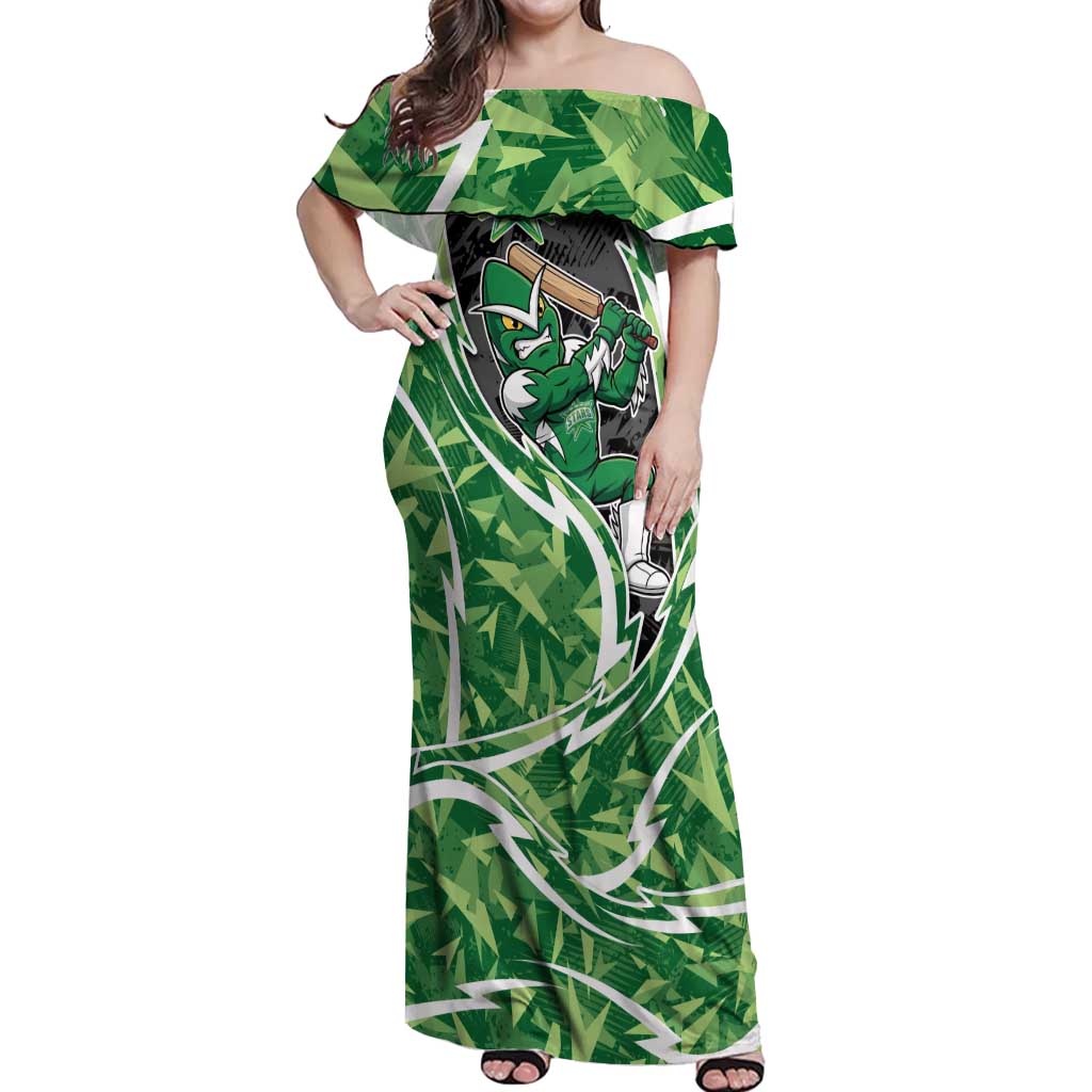 Melbourne Stars Off Shoulder Maxi Dress Flaming Lightning Storm Geometric Sports Mascot Art