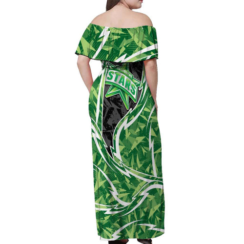 Melbourne Stars Off Shoulder Maxi Dress Flaming Lightning Storm Geometric Sports Mascot Art