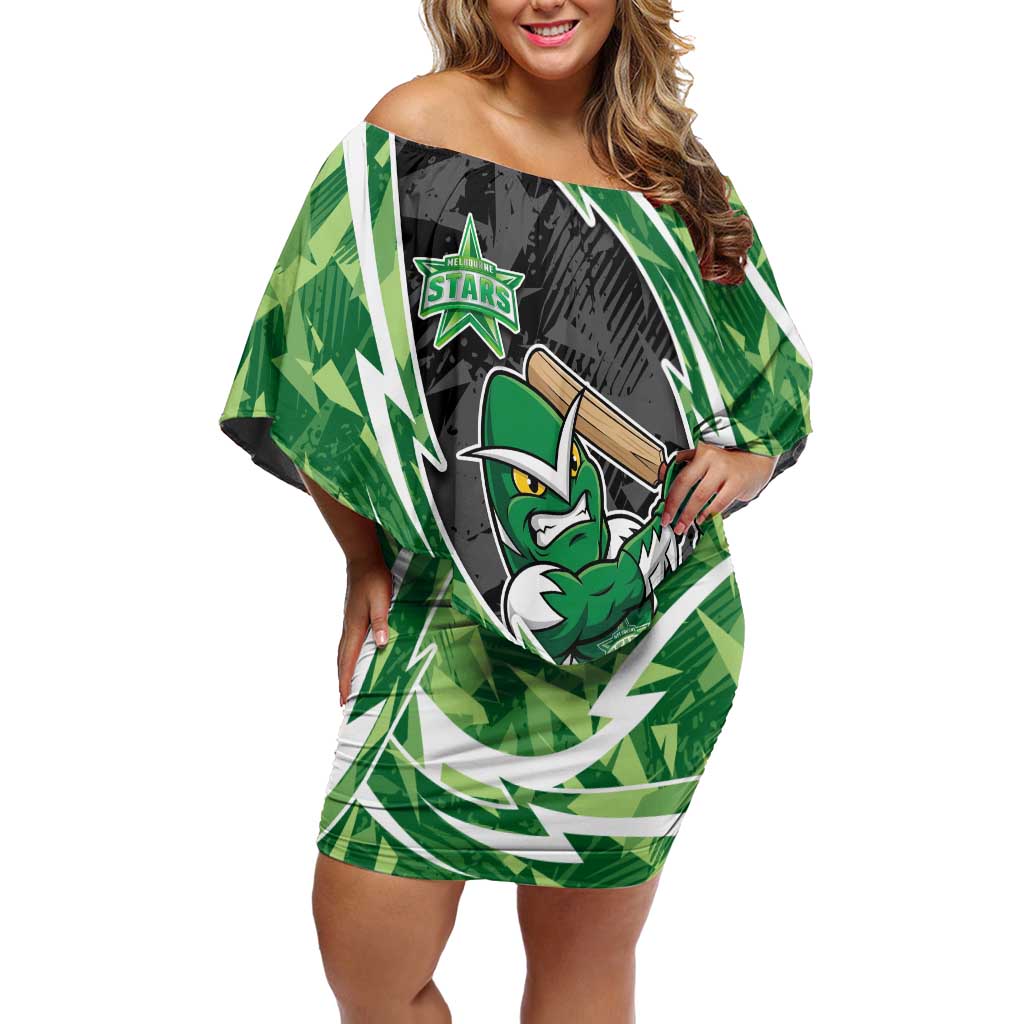 Melbourne Stars Off Shoulder Short Dress Flaming Lightning Storm Geometric Sports Mascot Art