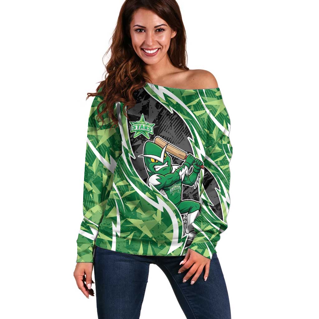 Melbourne Stars Off Shoulder Sweater Flaming Lightning Storm Geometric Sports Mascot Art