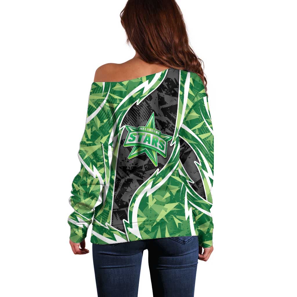 Melbourne Stars Off Shoulder Sweater Flaming Lightning Storm Geometric Sports Mascot Art