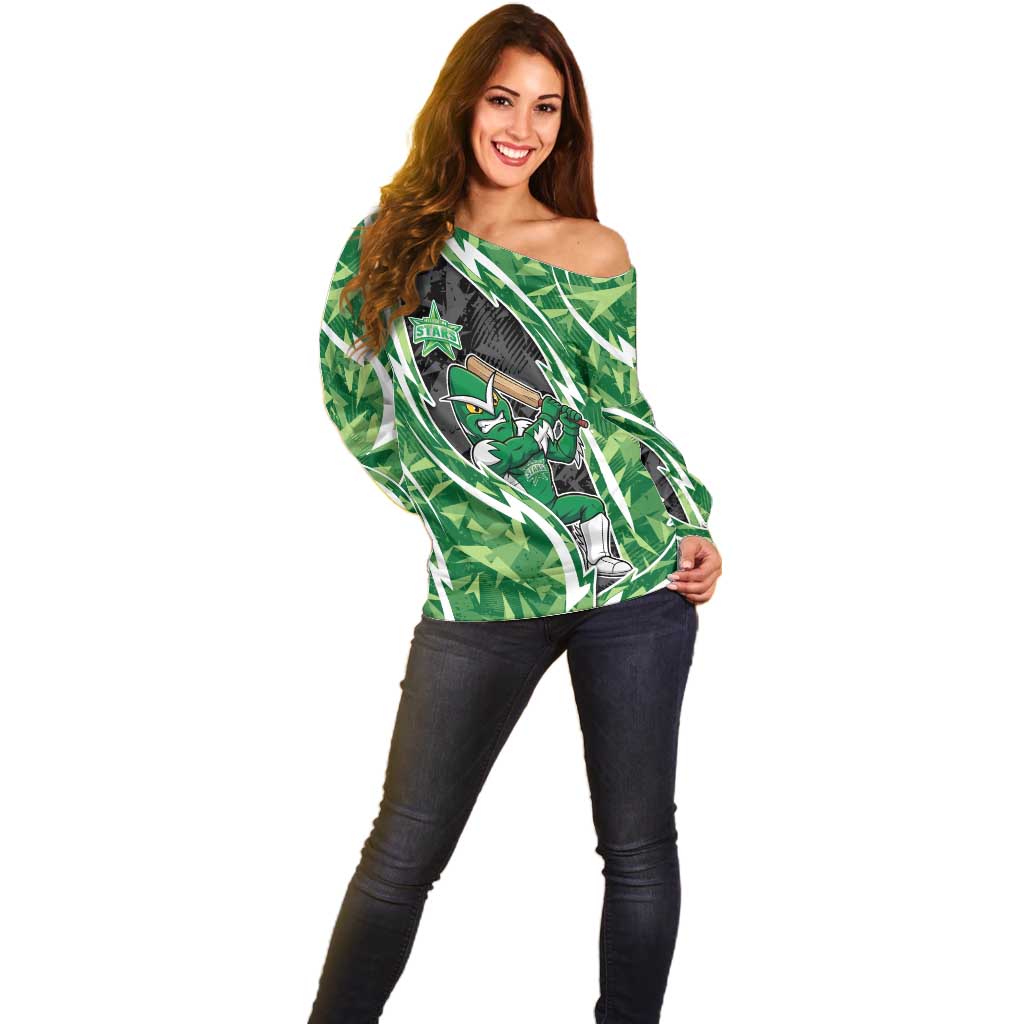 Melbourne Stars Off Shoulder Sweater Flaming Lightning Storm Geometric Sports Mascot Art